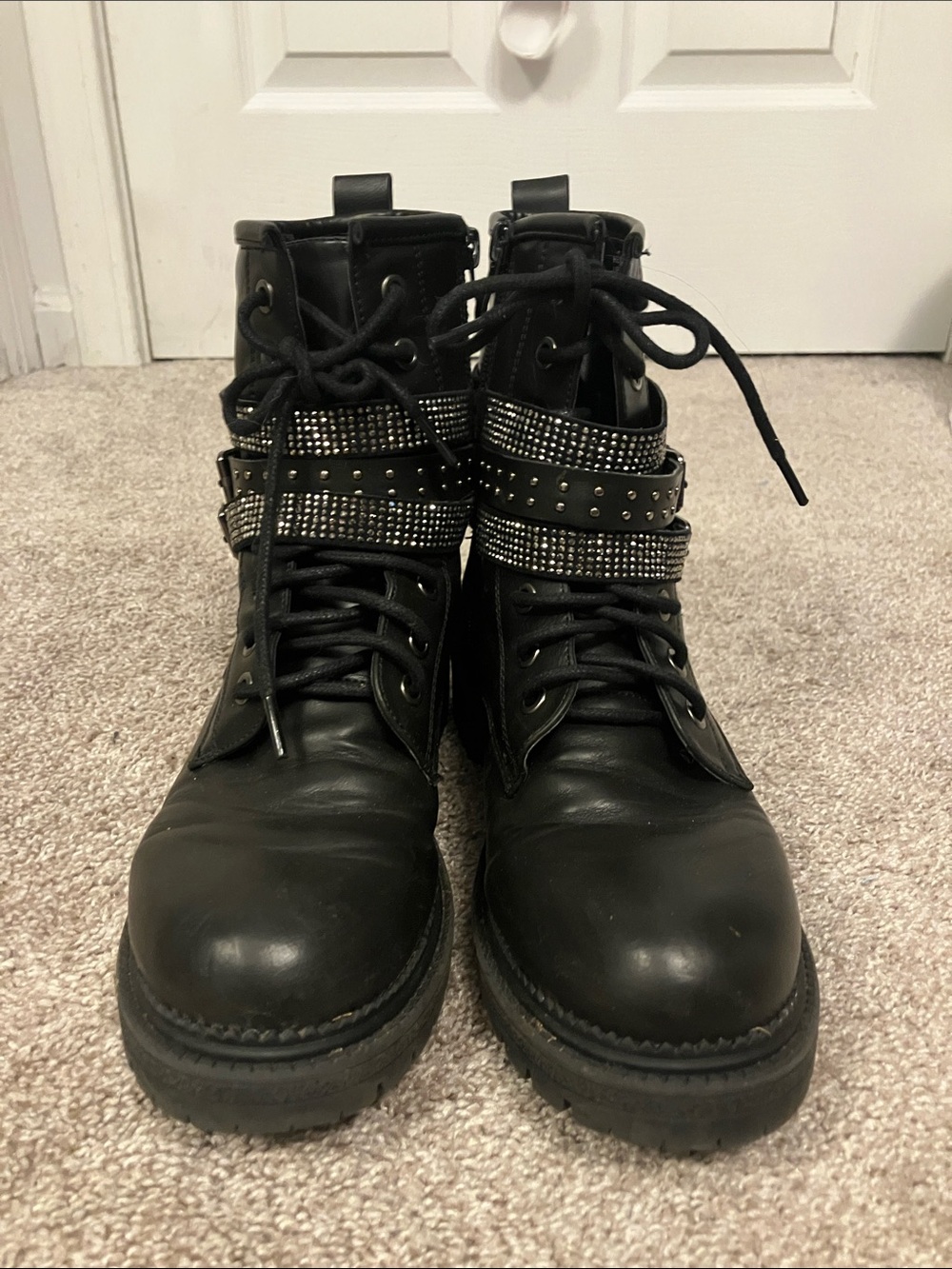 Women's Black Lace-Up Combat Boots with Studded Straps